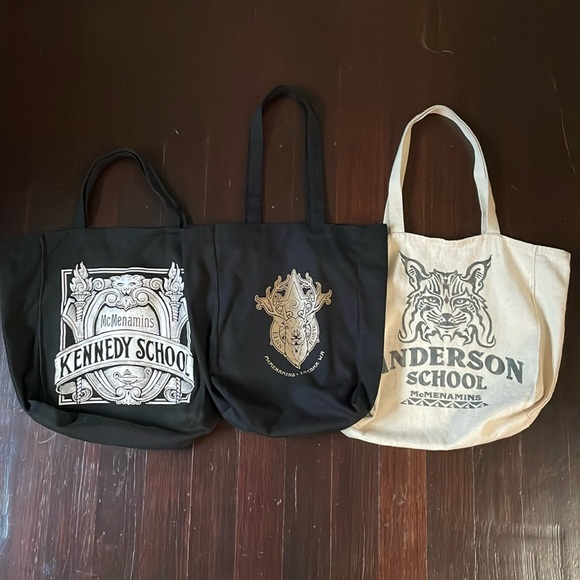 Bundle of 3 Mcmenamins Brewery Cotton Canvas Travel Tote Bags In Black & Natural - Picture 1 of 9